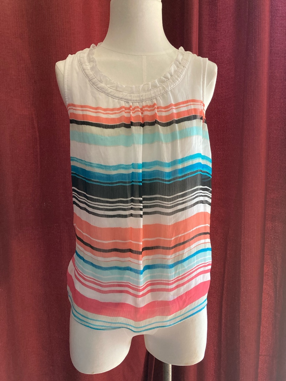 ELLE Striped Sleeveless Summer Top - White with Coral & Aqua Stripes